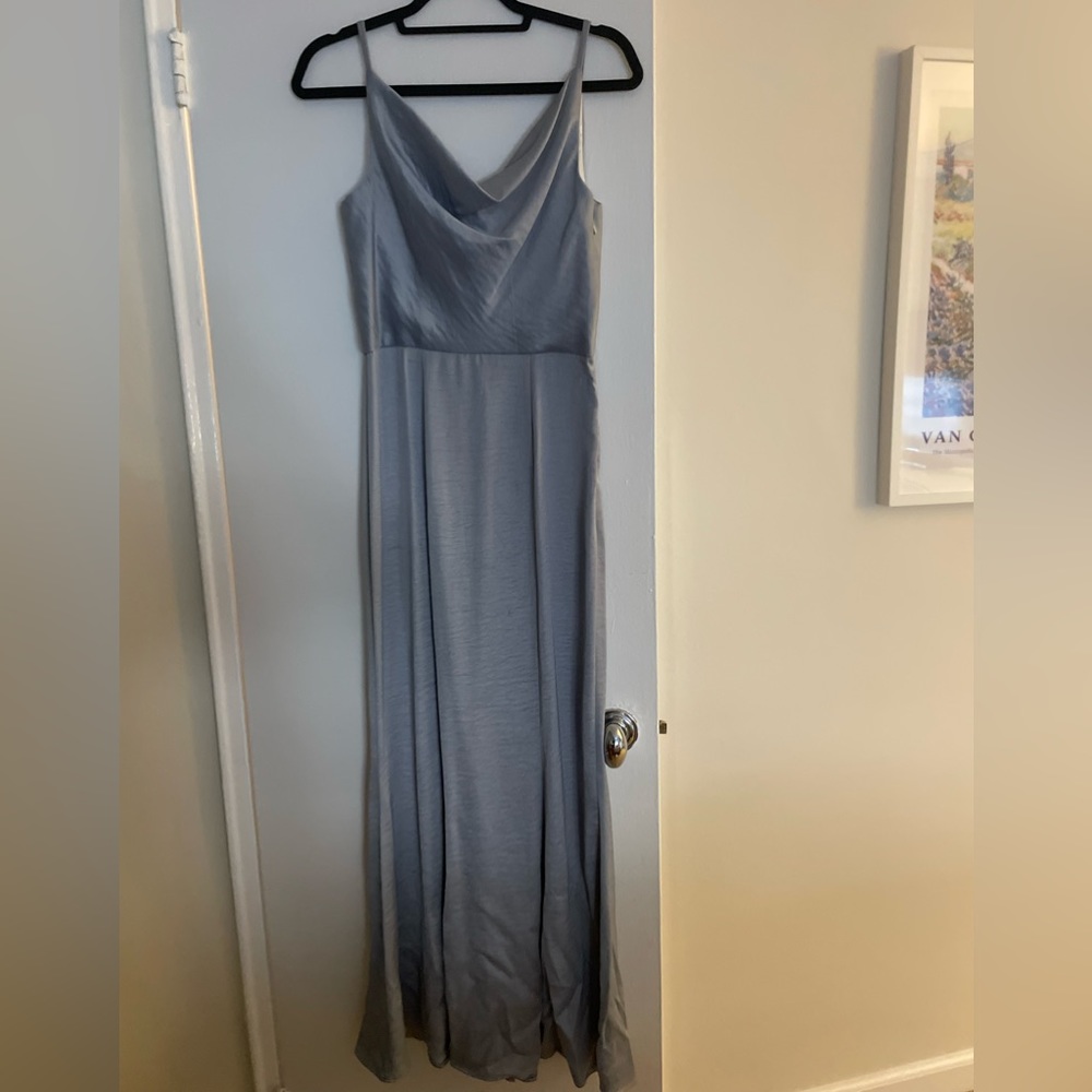 Dusty/powder blue cowl neck and back evening gown